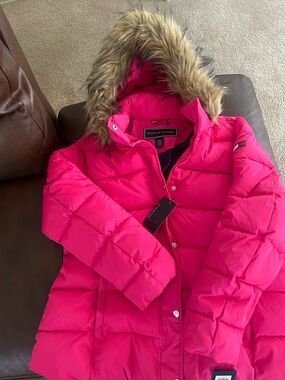 Tommy Hilfiger Girls' Bright Pink Puffer Jacket with Faux Fur Hood